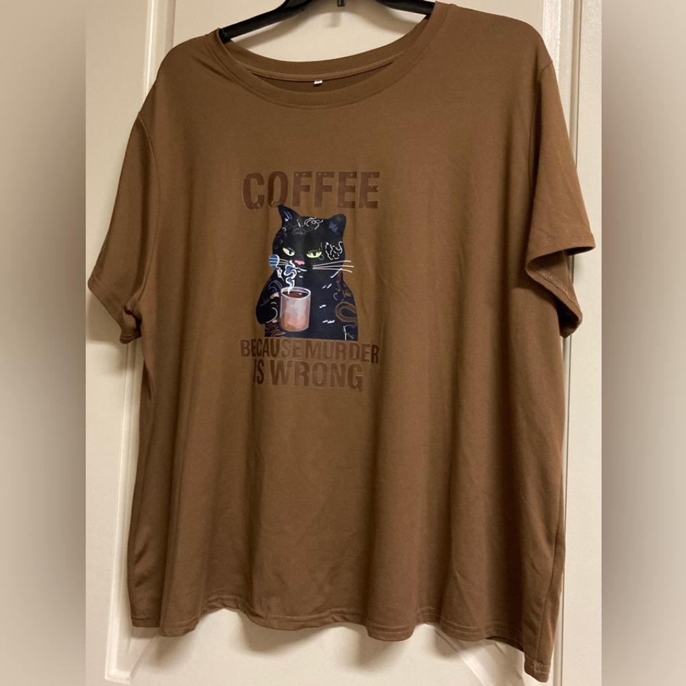 Coffee Cup Tee Cat Brown Shirt PLUS Women’s Top!